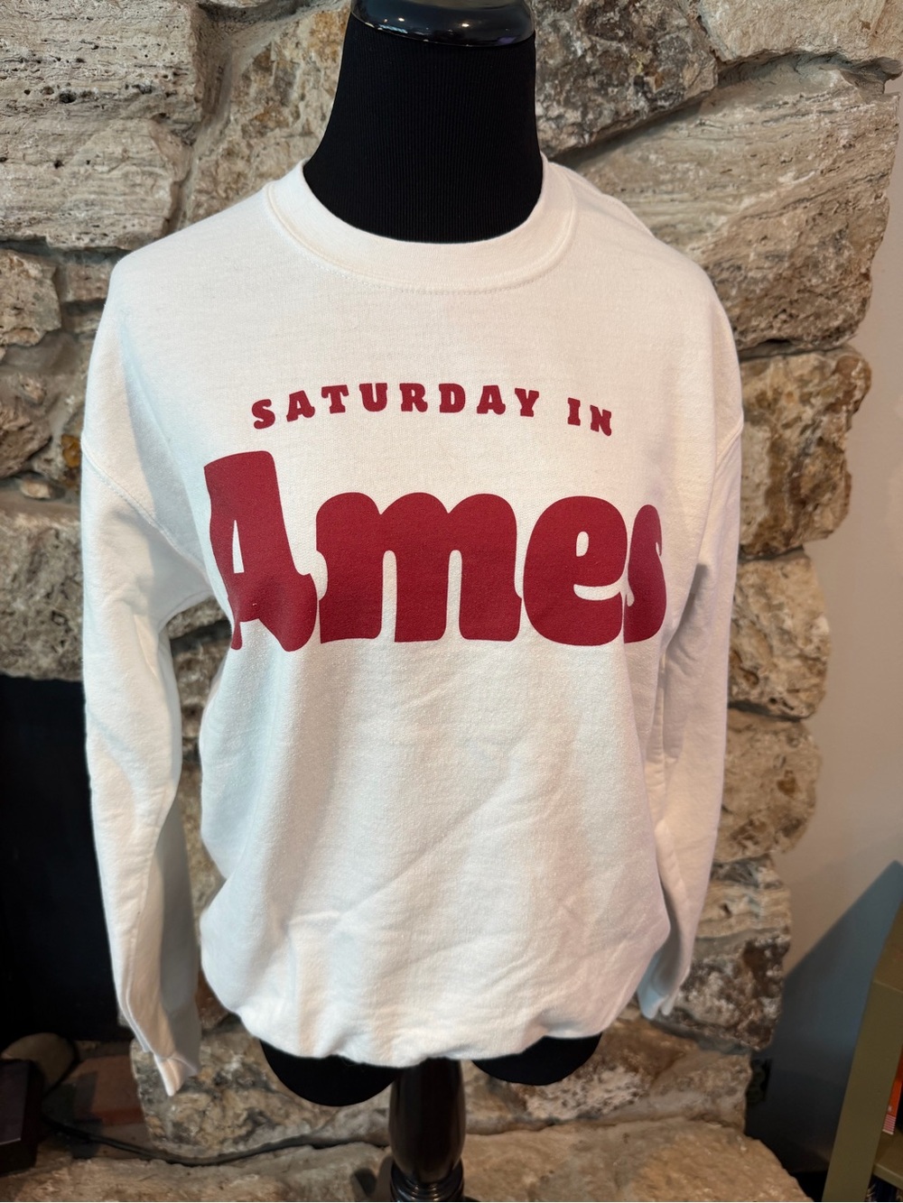 Saturday In Ames White Sweatshirt with Red Graphic Ames Iowa Iowa State